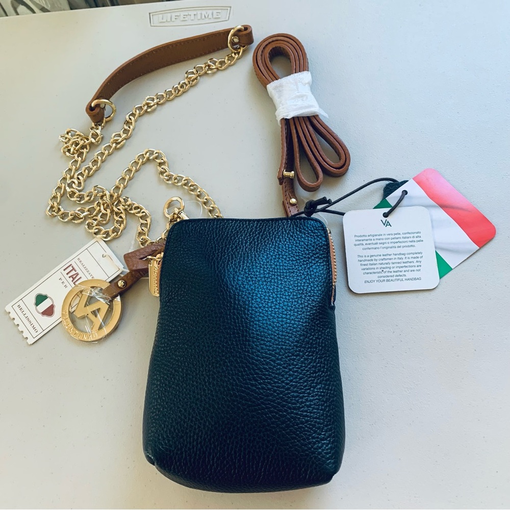 NWT Valentina Small Genuine Leather Black/Brown Crossbody Bag  Made in Italy